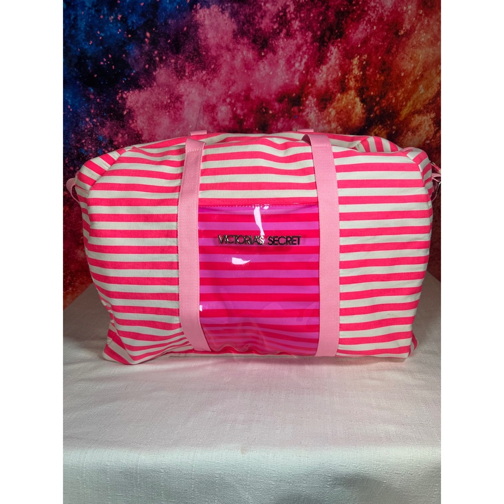 Victoria's Secret 2014 Weekender Bag Pink White Stripe Canvas Travel Duffel Tote